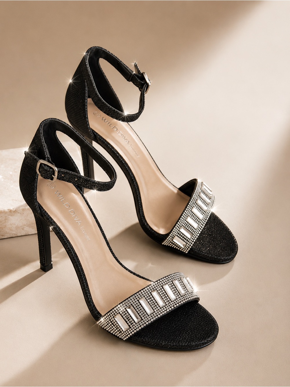 Wild Diva Black Rhinestone Blocked-Band Ankle Strap Heels size 6